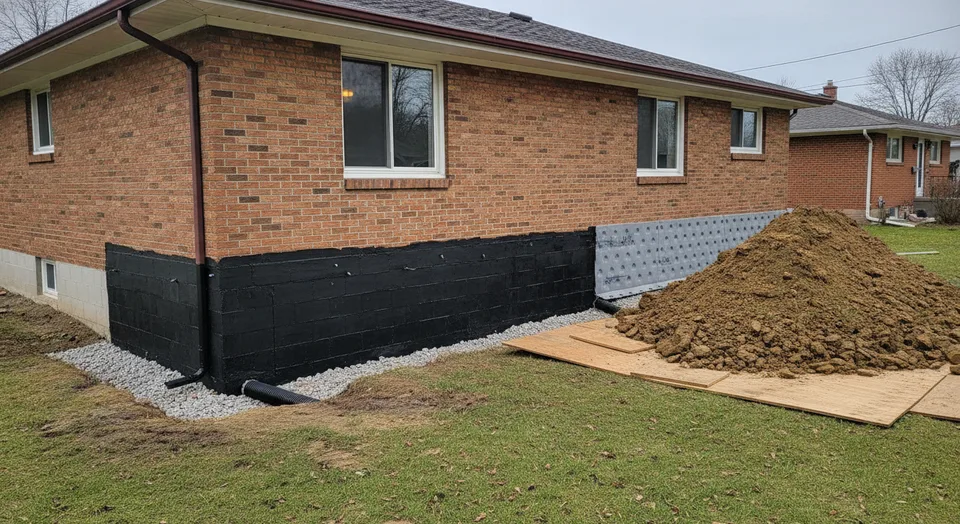 Exterior foundation wall of a Kitchener, Ontario house excavated to the footing with a black waterproofing membrane and dimple board applied